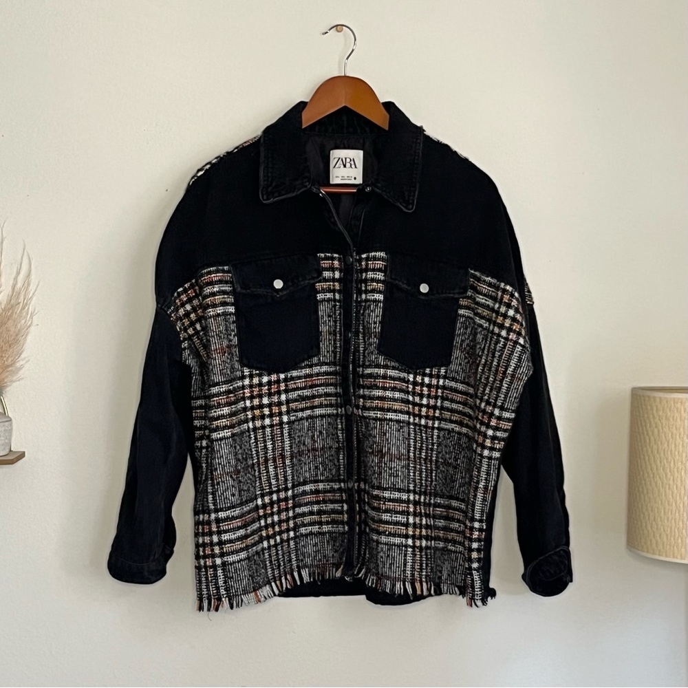 Zara Black Orange Tweed Washed Denim Fall Over-shirt Jean Jacket - Picture 1 of 11